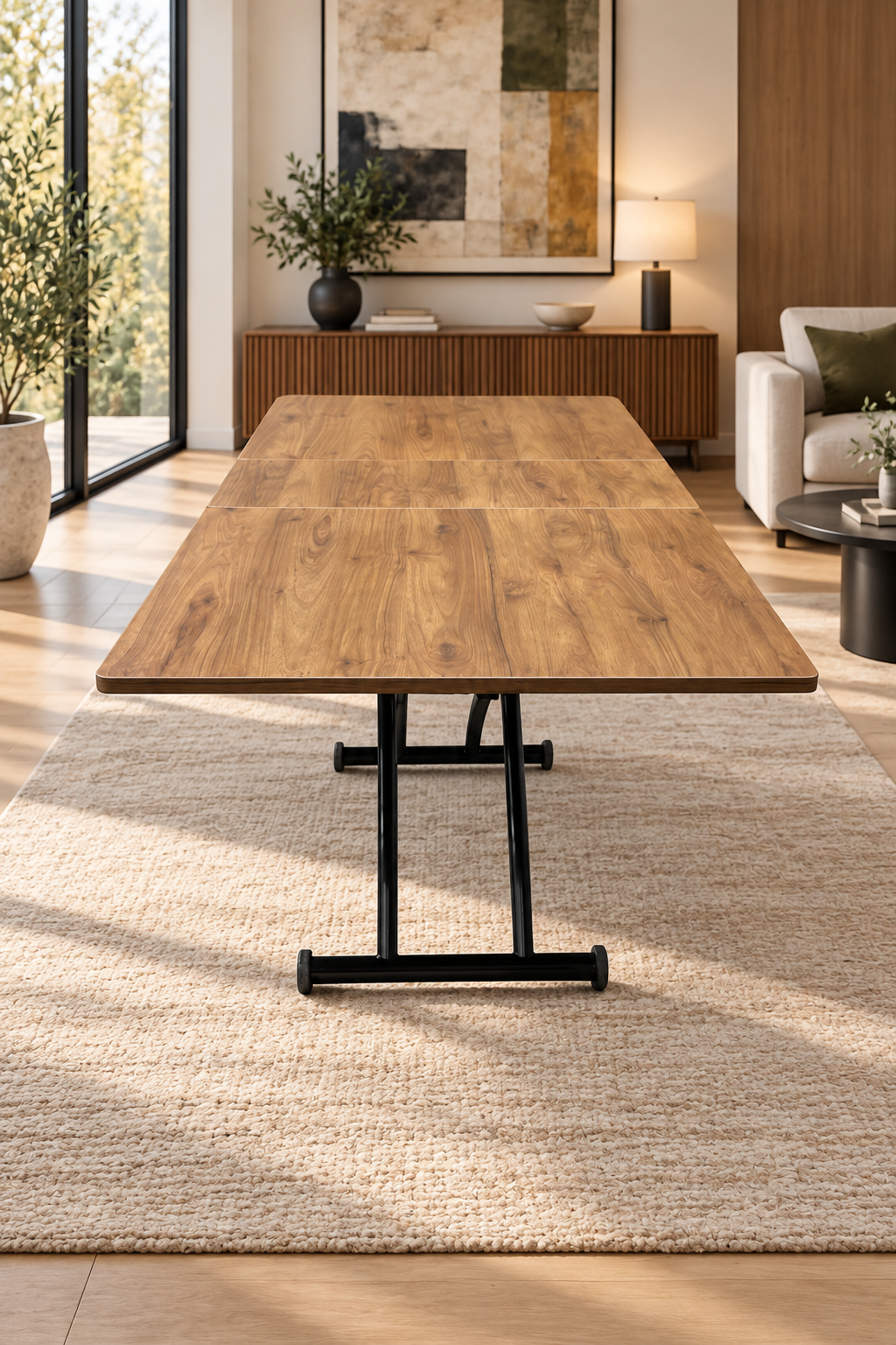 Center-Opening Square Smart Table | Walnut MDF & Black