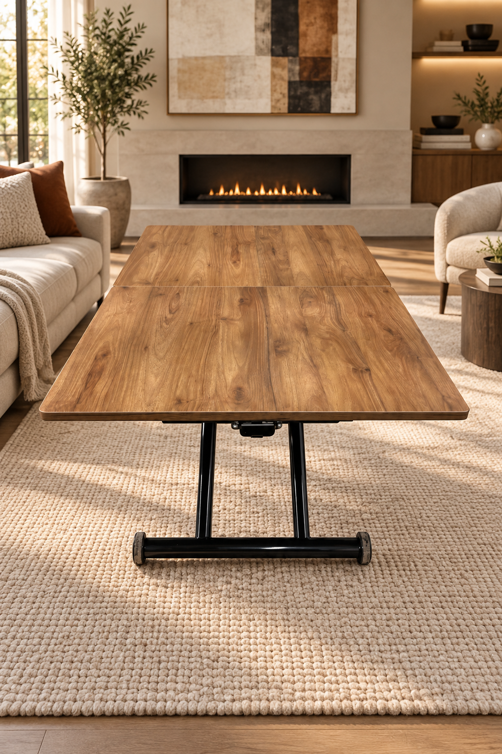 Center-Opening Square Smart Table | Walnut MDF & Black