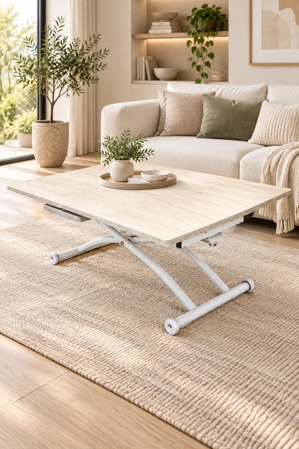 Expandable Square Smart Table | Travertine MDF & White