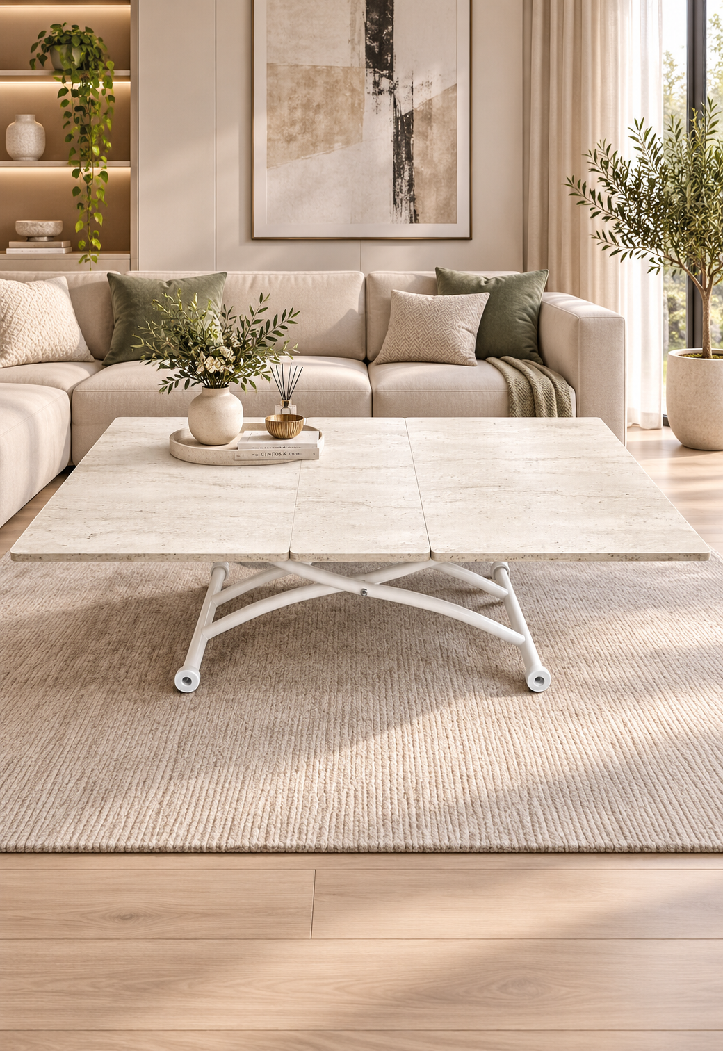 Expandable Square Smart Table | Travertine MDF & White