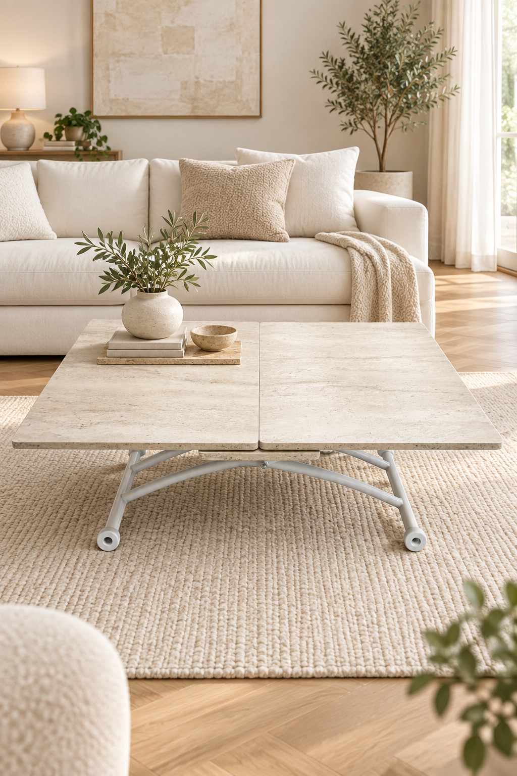 Expandable Square Smart Table | Travertine MDF & White