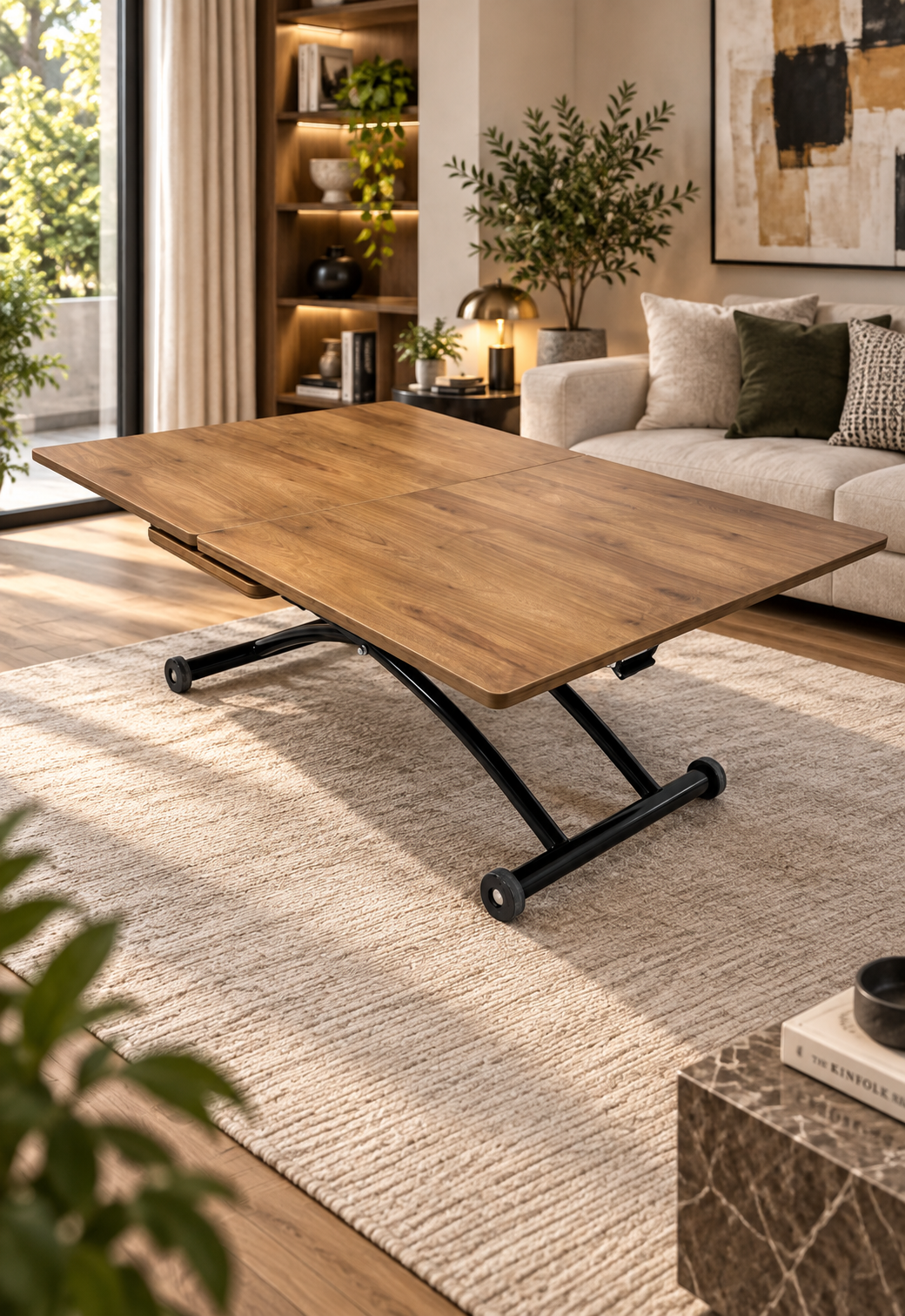 Center-Opening Square Smart Table | Walnut MDF & Black