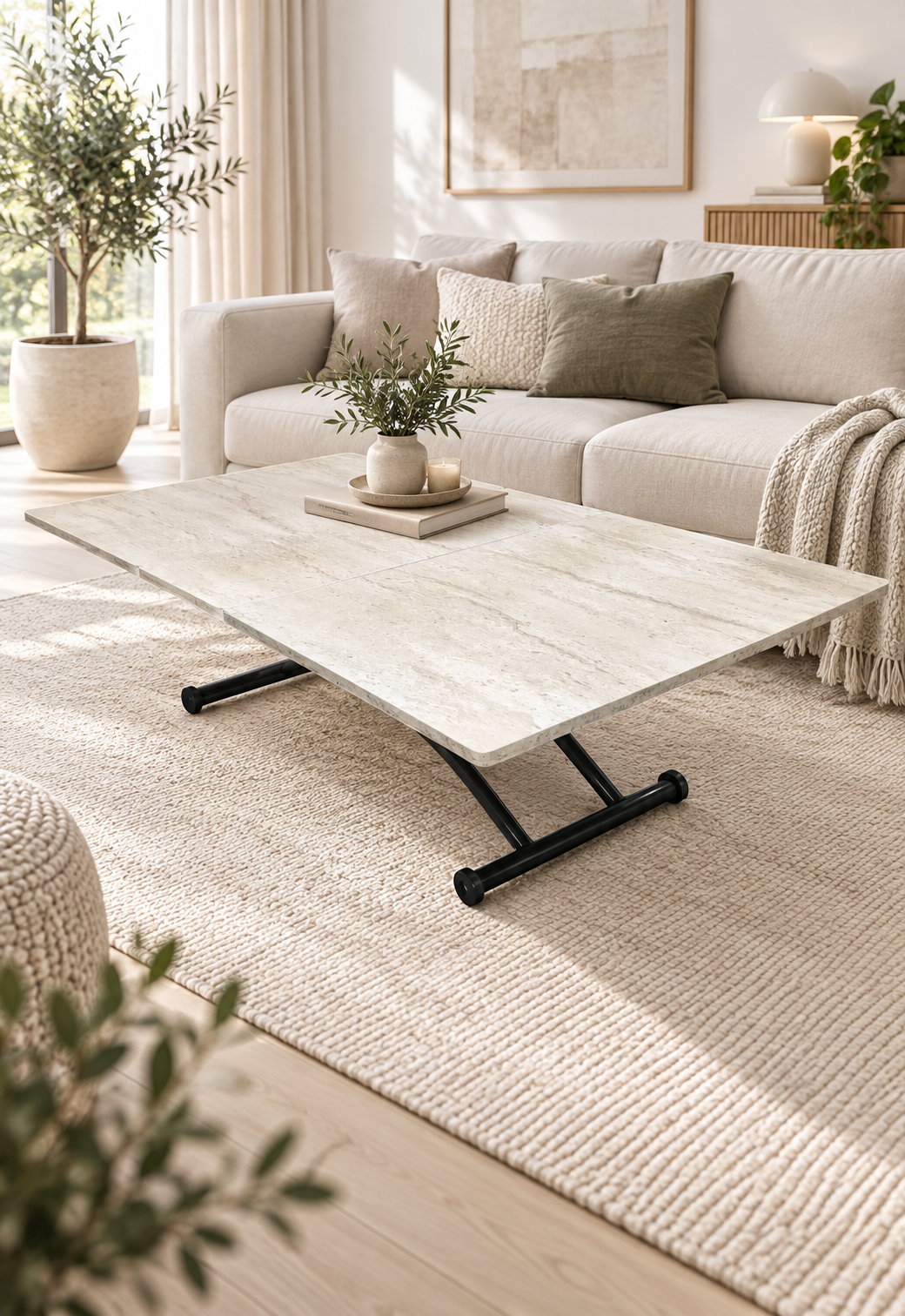 Extendable Square Smart Table | Travertine MDF & Black