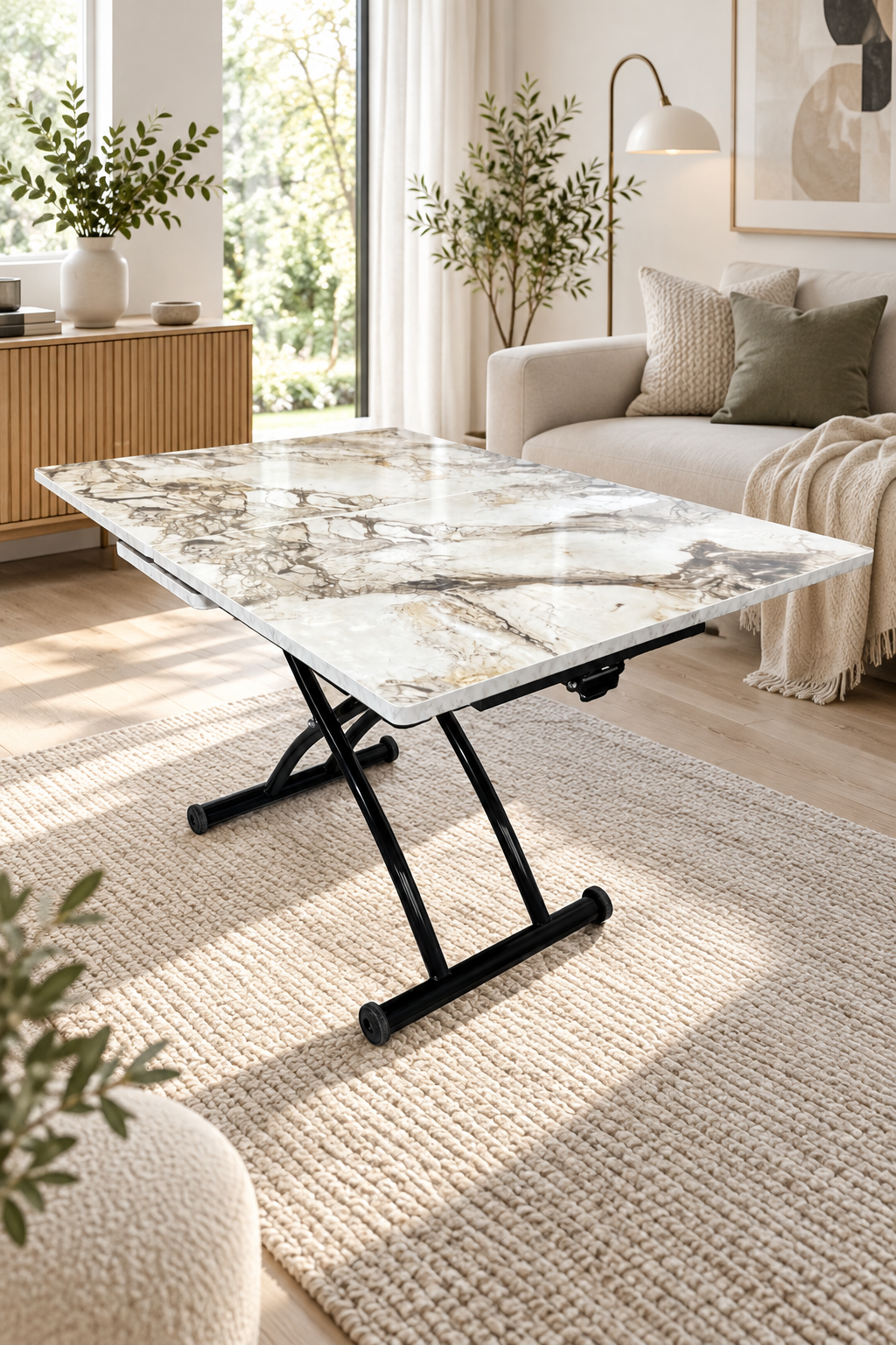 Center Opening Square Smart Table | White Marble MDF & Black