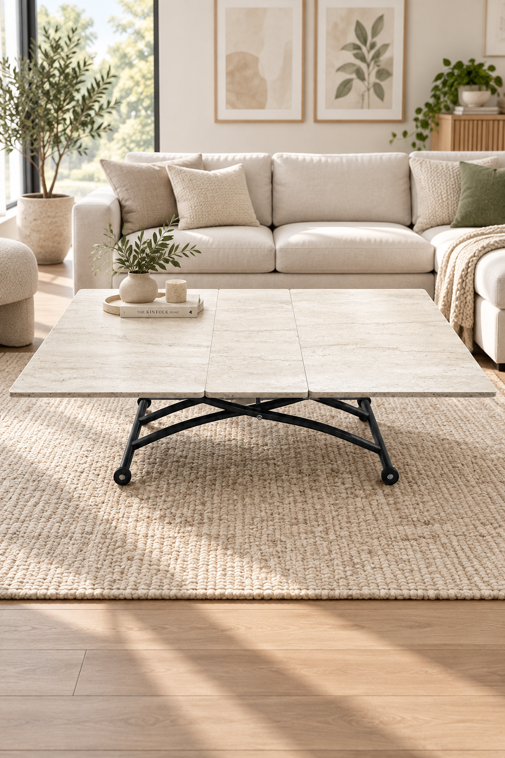 Extendable Square Smart Table | Travertine MDF & Black