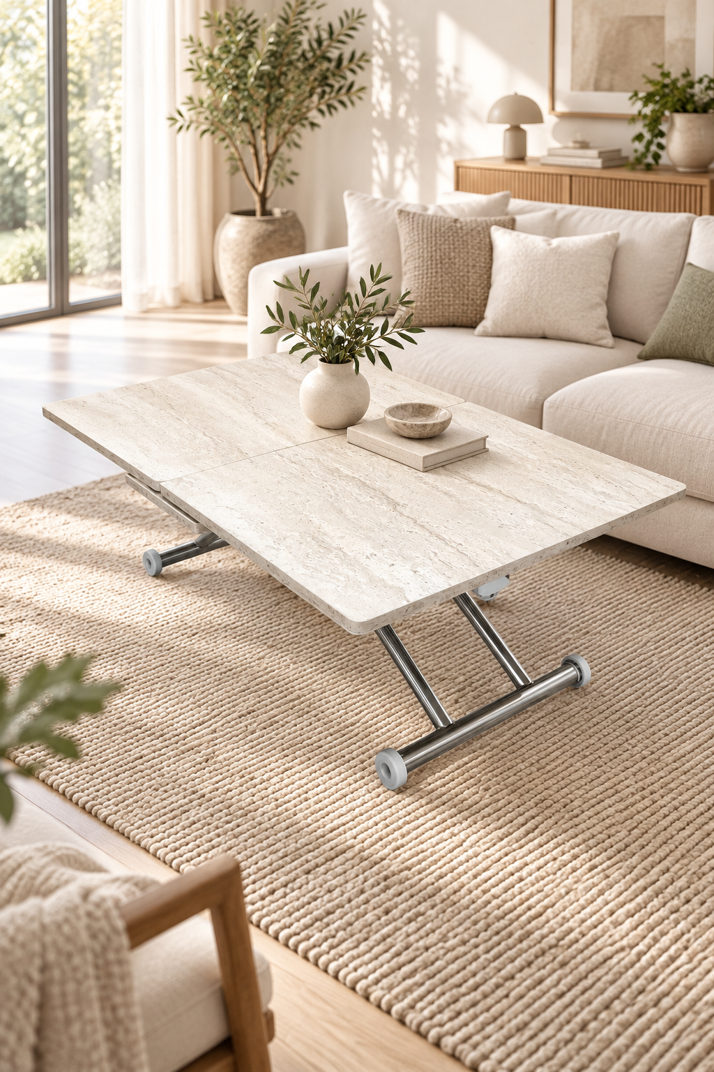 Expanding Square Smart Table | Travertine MDF & Chrome