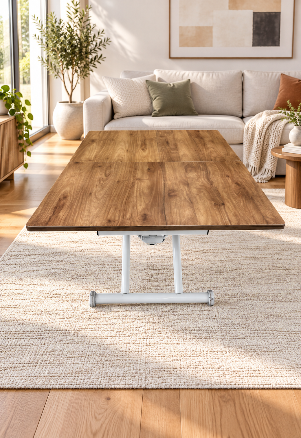 Mid-Opening Square Smart Table | Walnut MDF & White