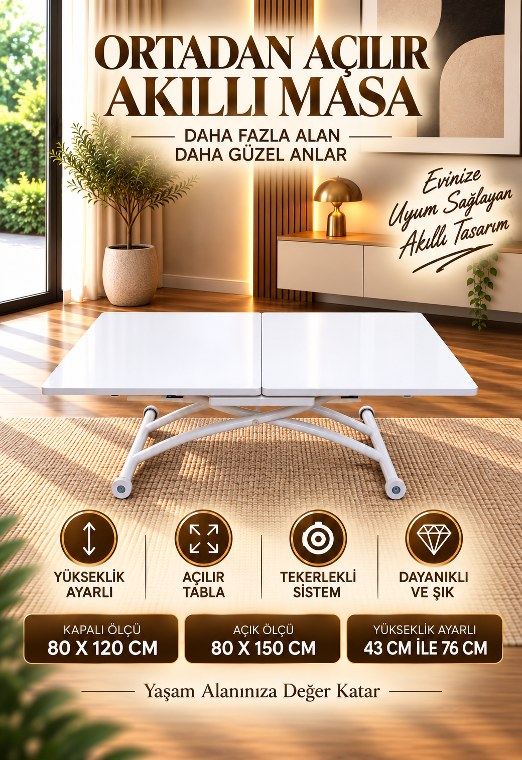 Square Smart Table with Central Opening | White Marble MDF & White