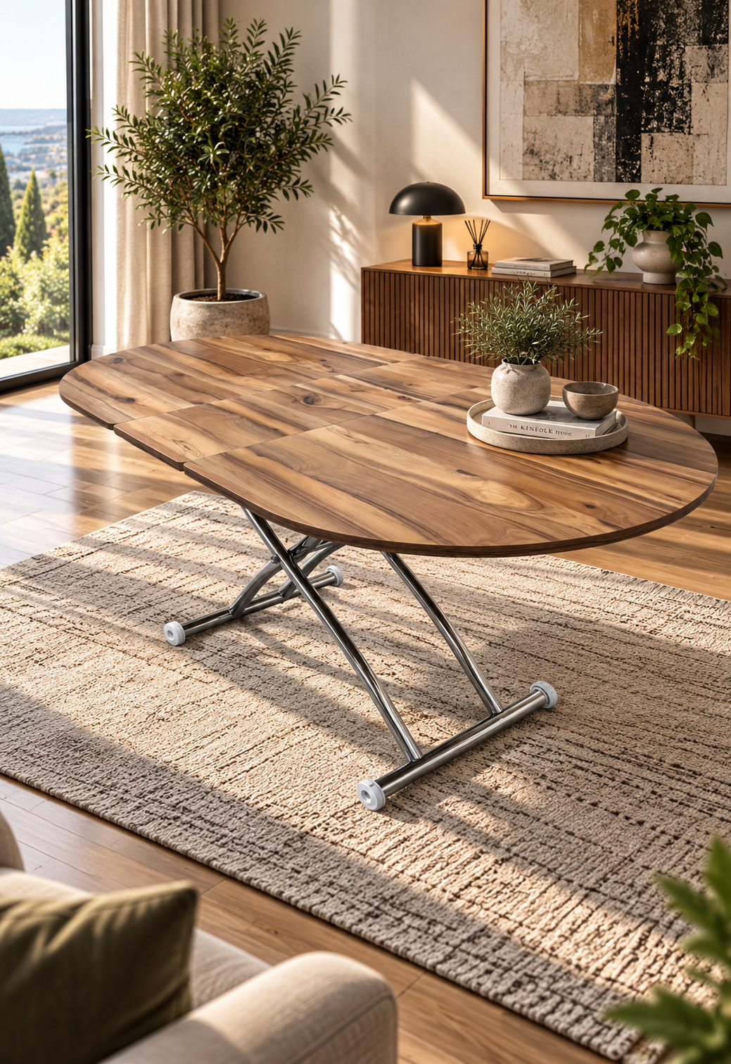 Center Opening Oval Smart Table | Urartu MDF & Chrome
