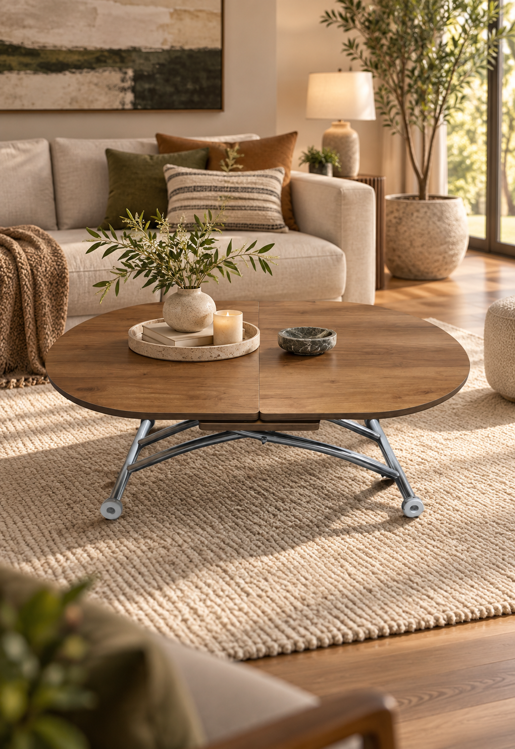 Oval Smart Table with Center Opening | Walnut MDF & Chrome
