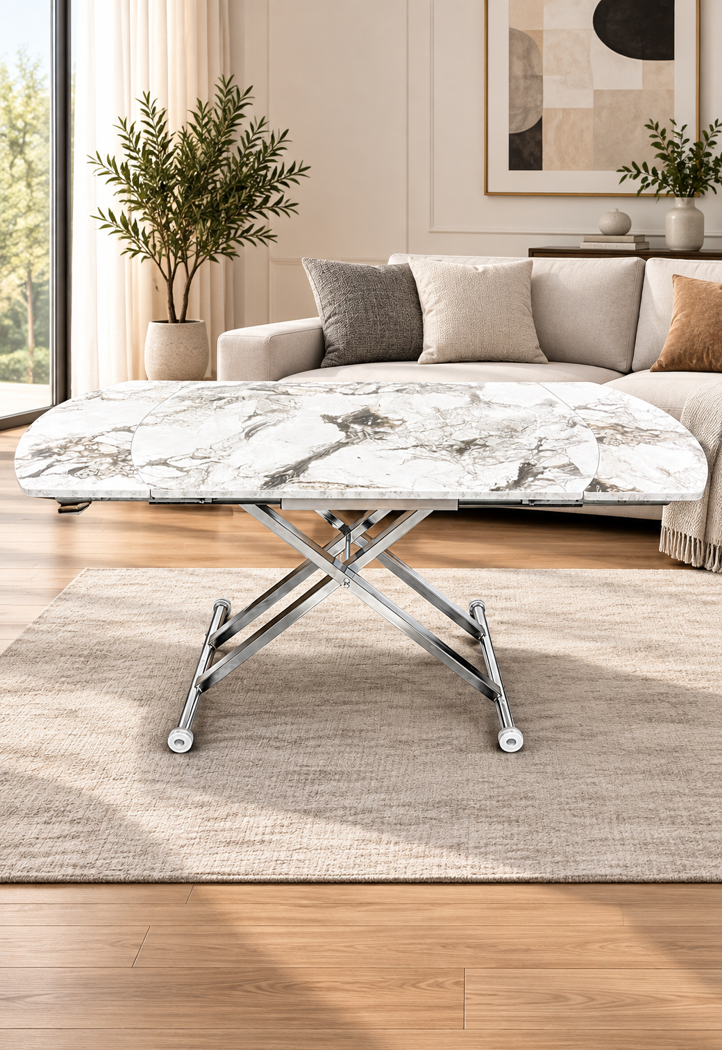 Oval Side-Opening Smart Table | White Marble & Chrome