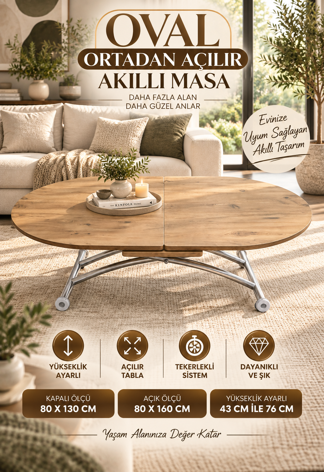 Extendable Oval Smart Table | EfesCam MDF & Chrome