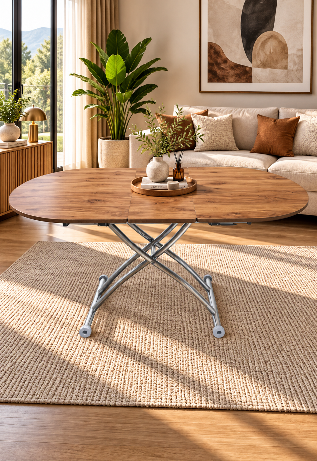 Oval Smart Table with Center Opening | Walnut MDF & Chrome