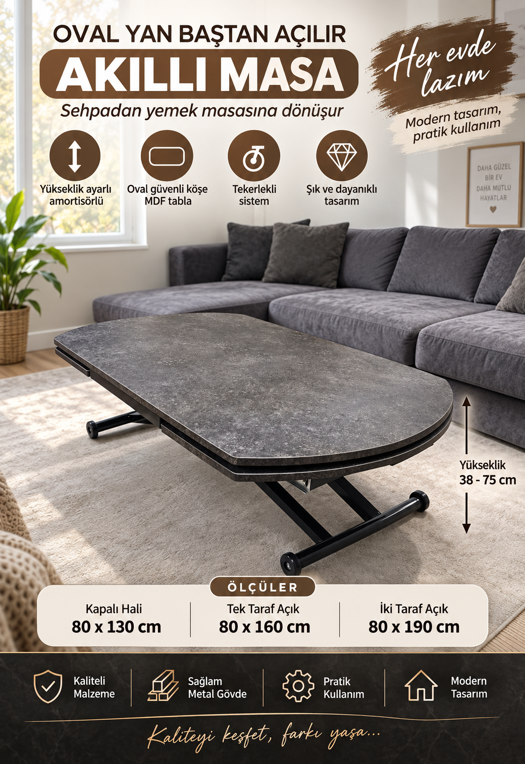 Oval Side-Opening Smart Table | Milled Anthracite & Black