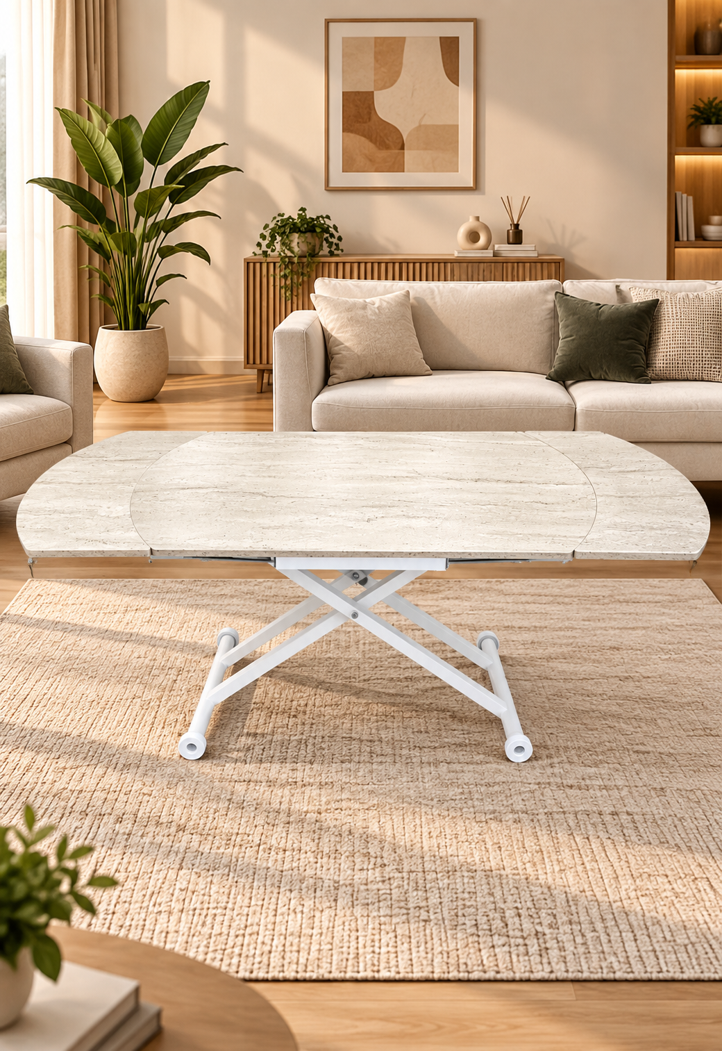 Oval Side Opening Smart Table | Travertine MDF & White