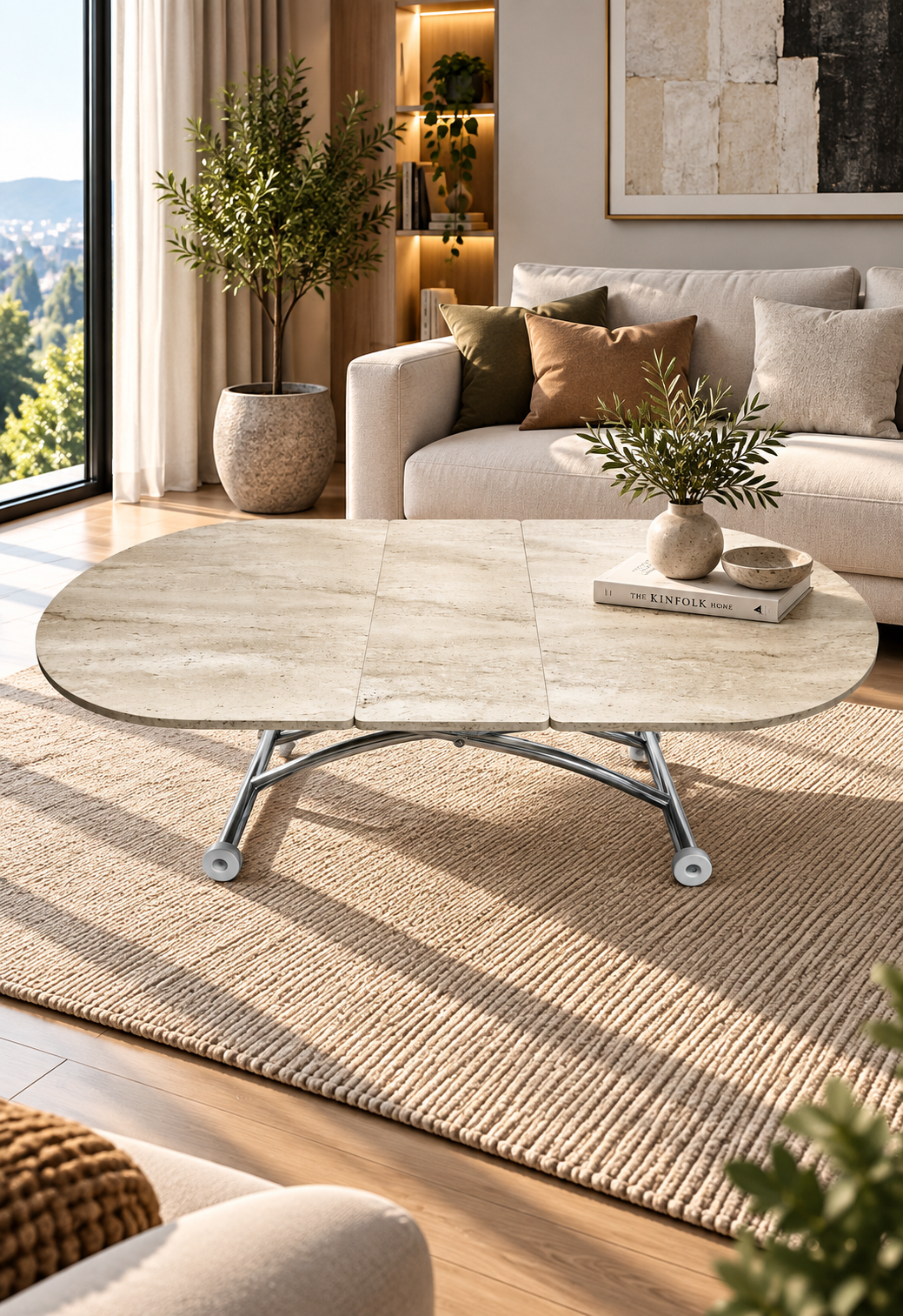 Oval Extendable Smart Table | Travertine MDF & Chrome