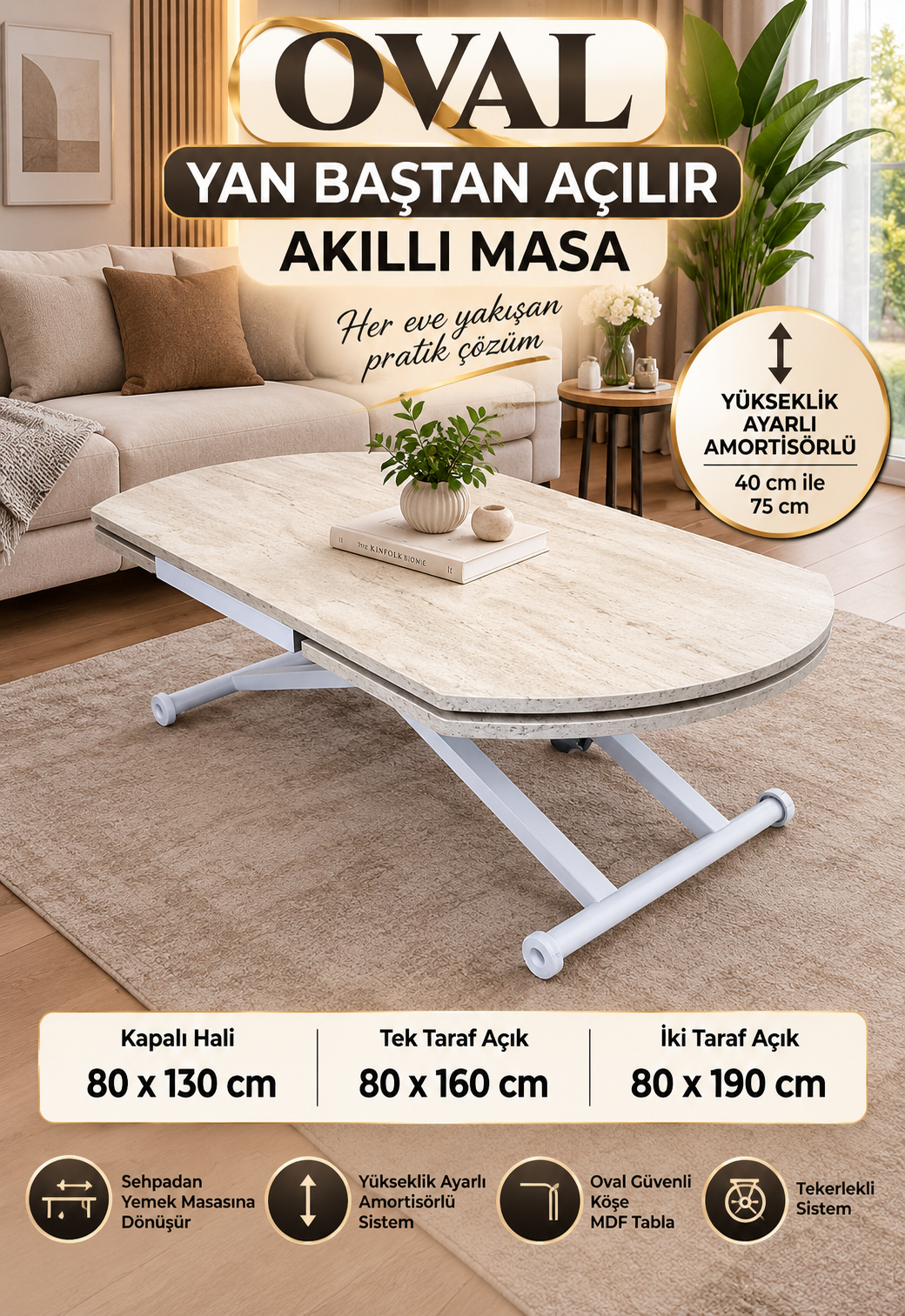 Oval Side Opening Smart Table | Travertine MDF & White