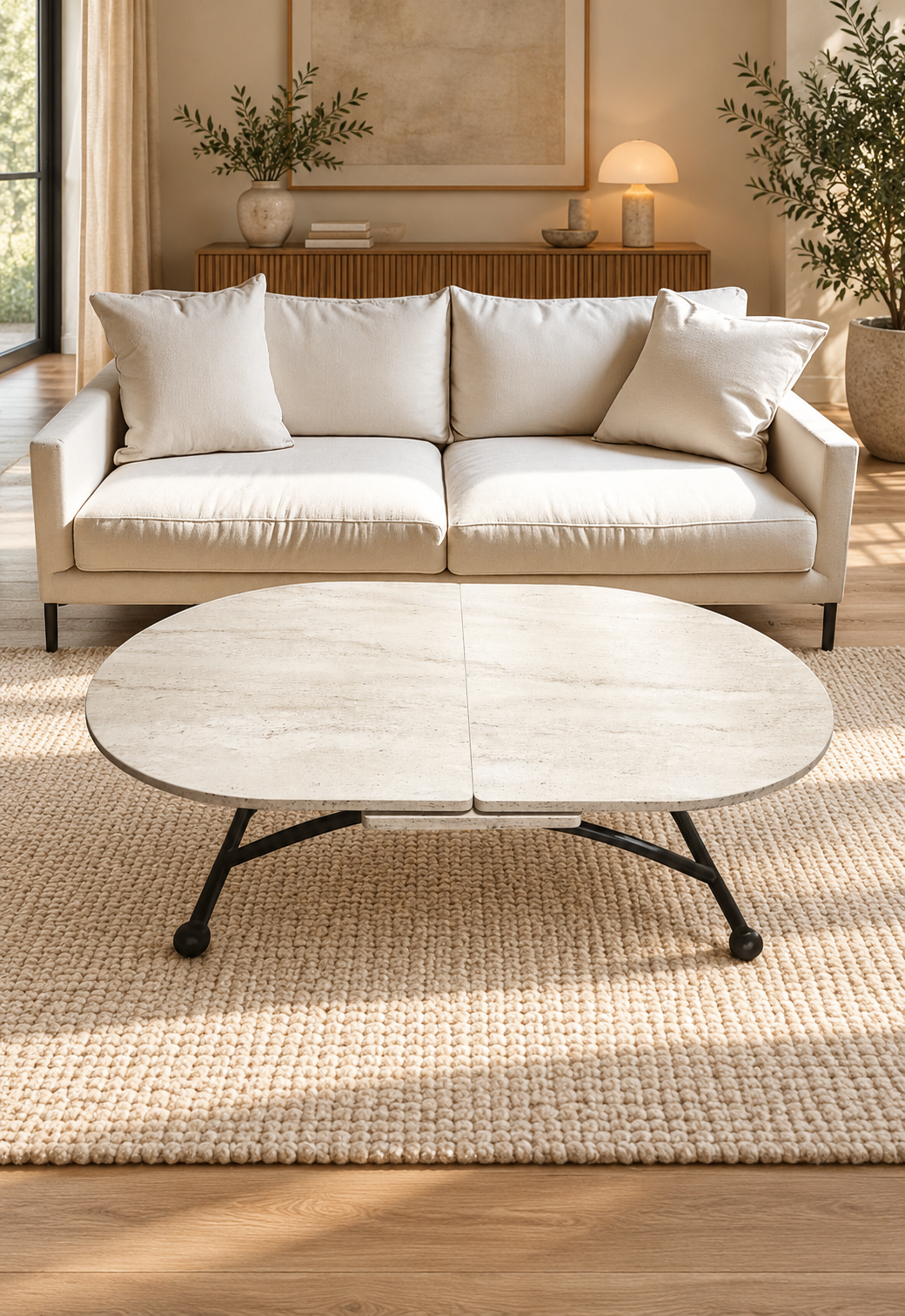 Oval Extendable Smart Table | Travertine MDF & Black
