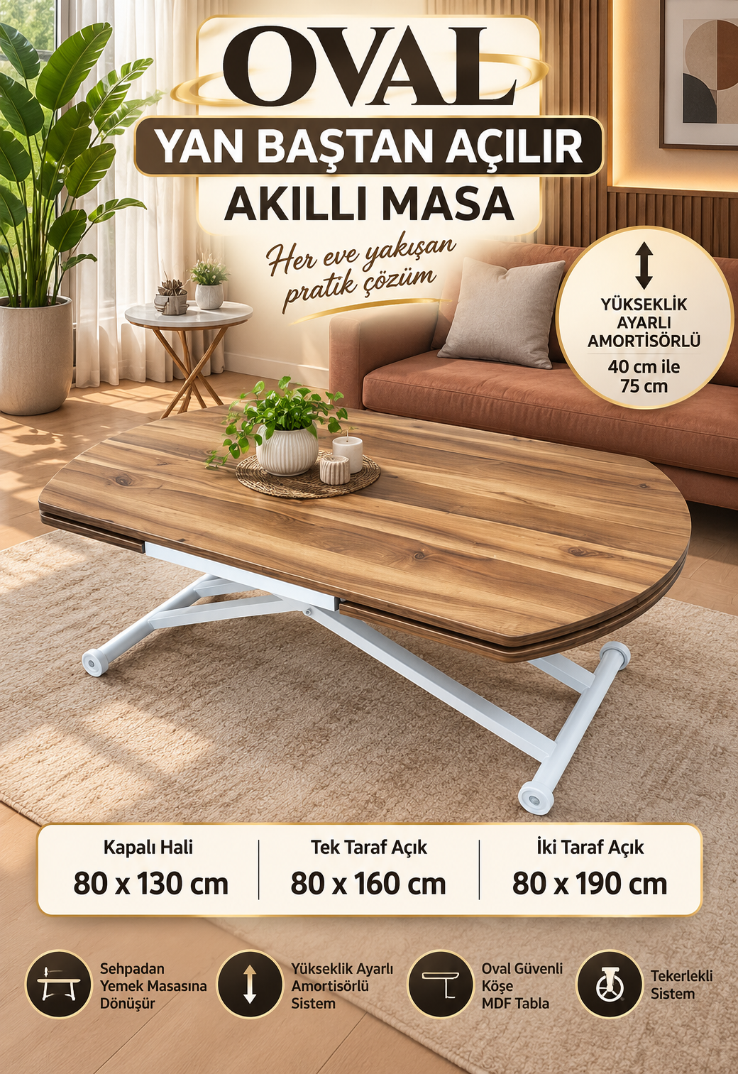 Oval Side Opening Smart Table | White Marble & White