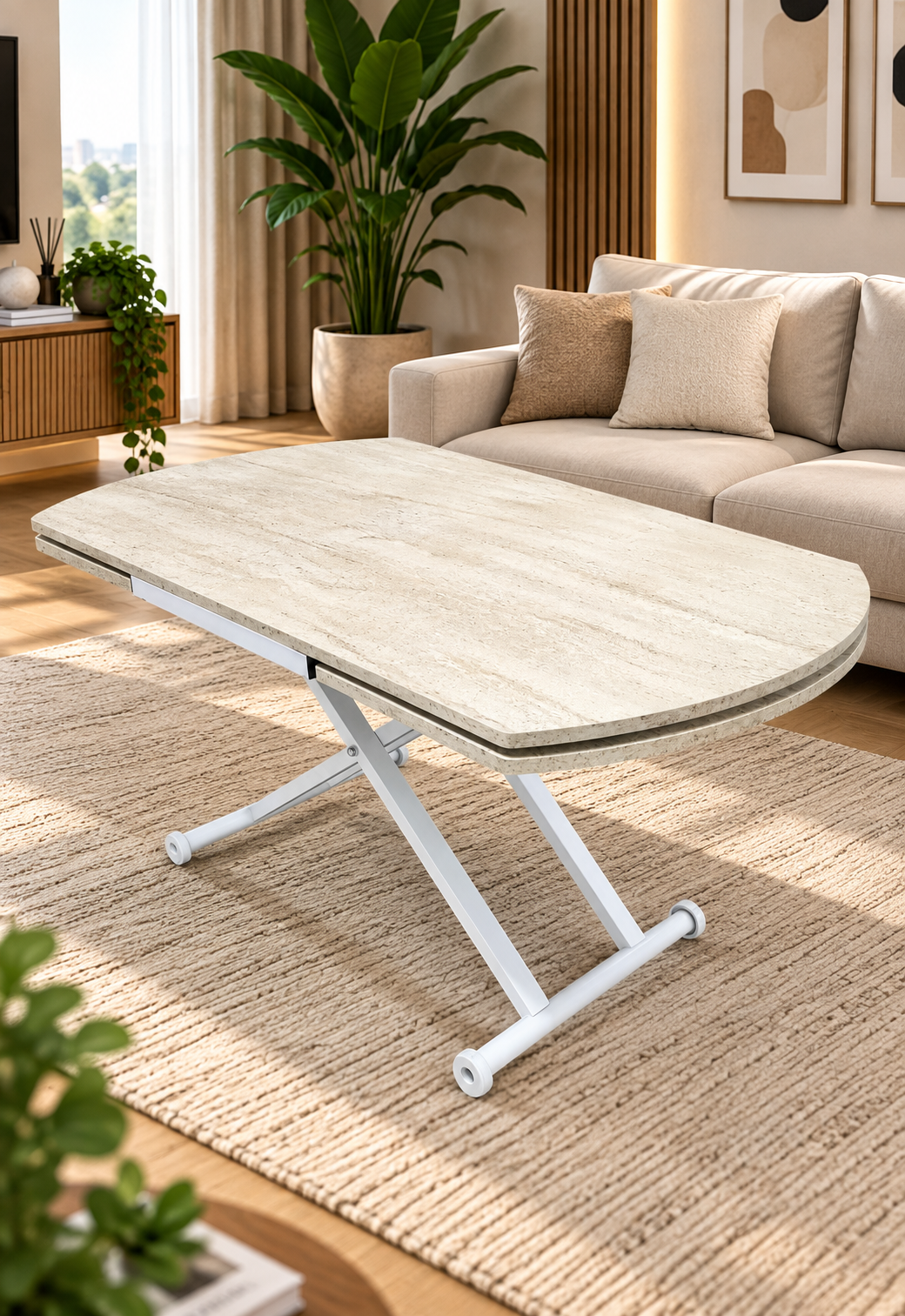 Oval Side Opening Smart Table | Travertine MDF & White