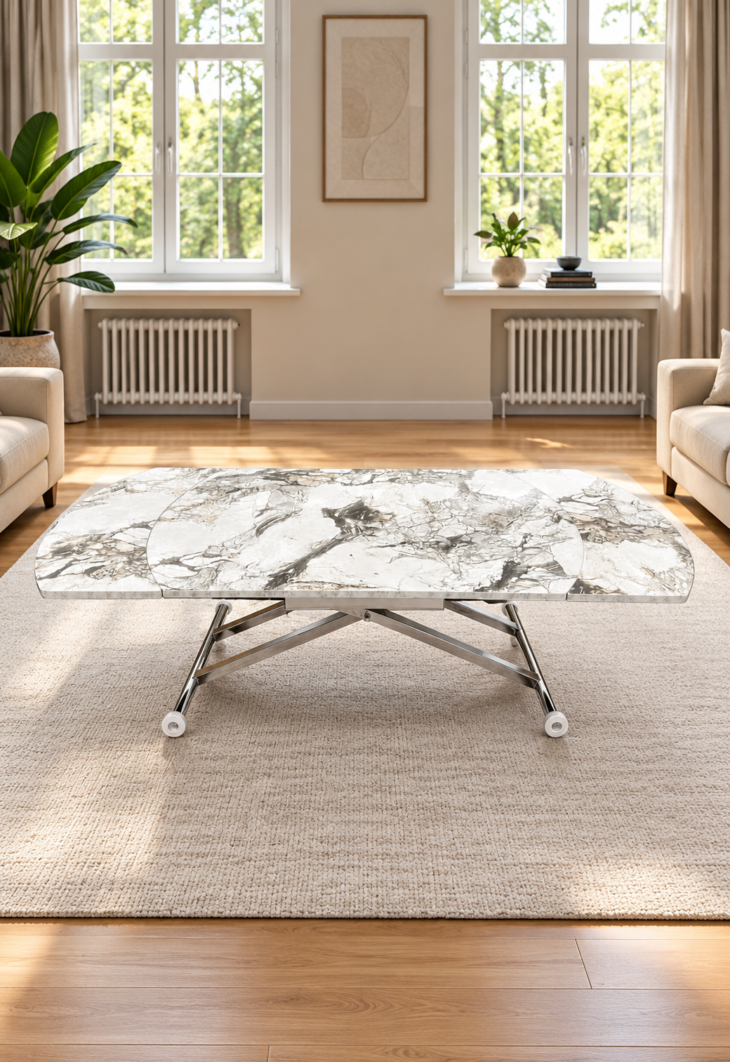 Oval Side-Opening Smart Table | White Marble & Chrome