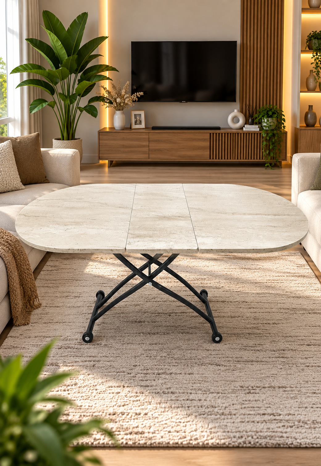 Oval Extendable Smart Table | Travertine MDF & Black