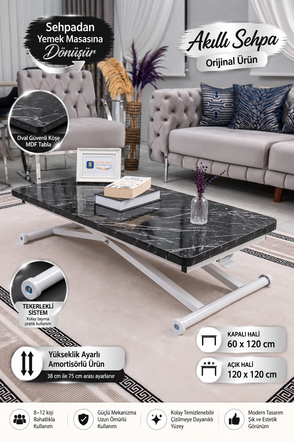 Home Akıllı Sehpa – Siyah Mermer MDF Üst & Beyaz Metal Ayak