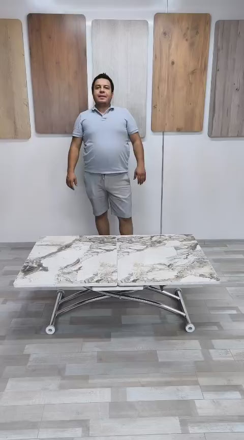 Load video: Square Smart Table with Central Opening | White Marble MDF &amp; Chrome