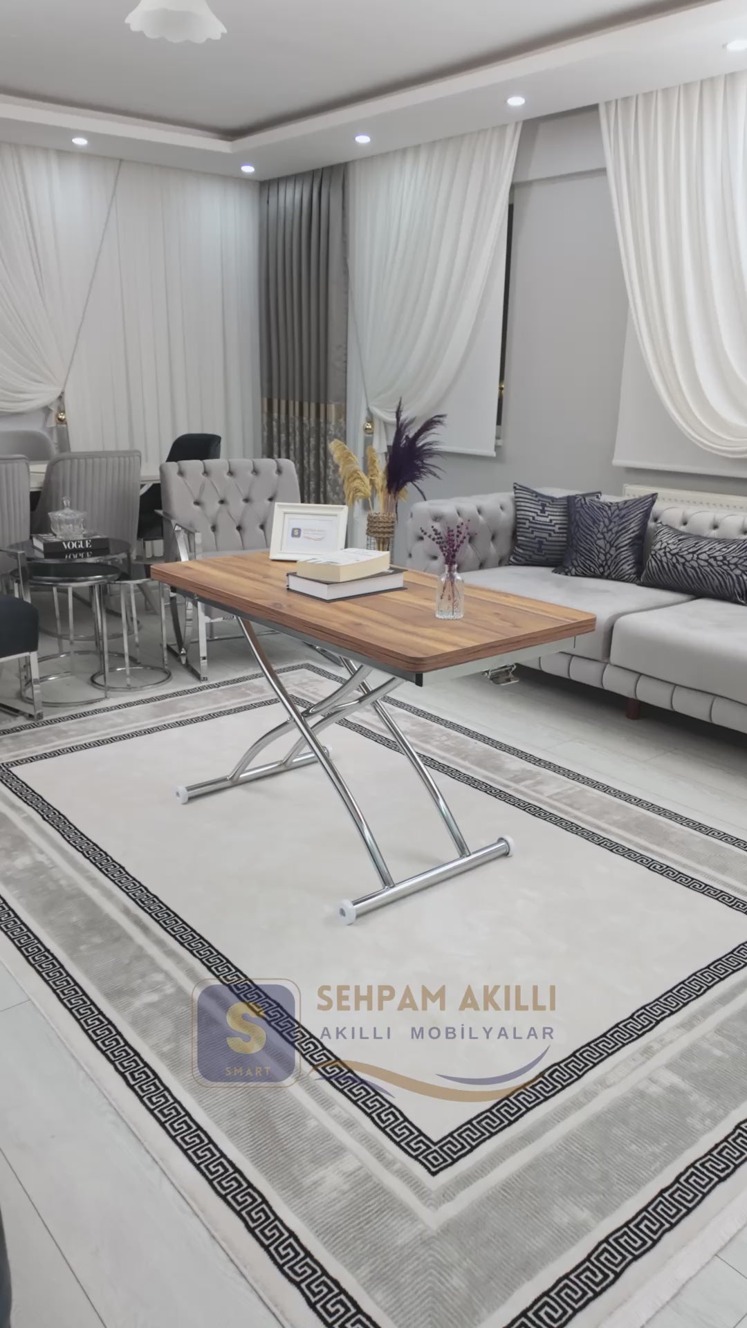 Load video: Juppo Smart Coffee Table – White MDF Top &amp; Chrome Outward Curved Metal Leg