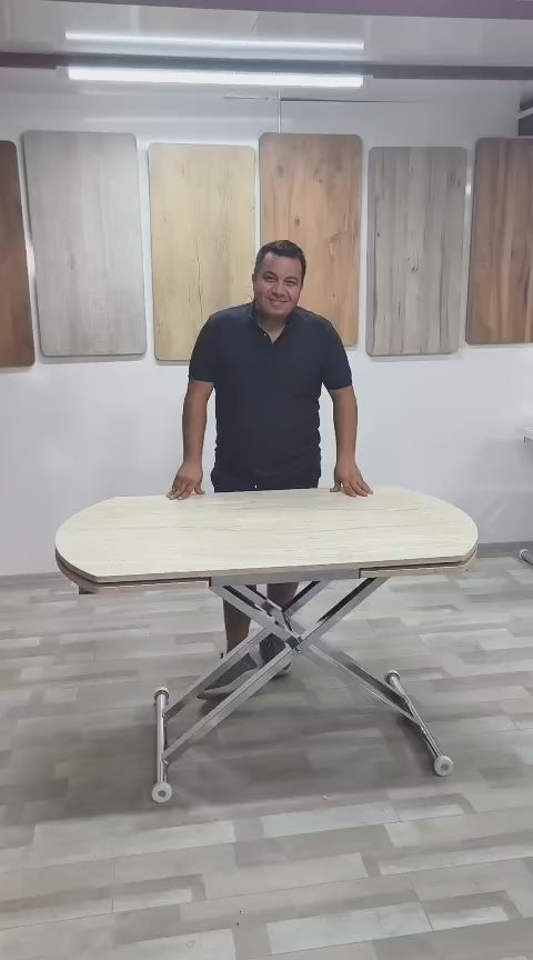 Load video: Oval Side Opening Smart Table | Travertine MDF &amp; Chrome
