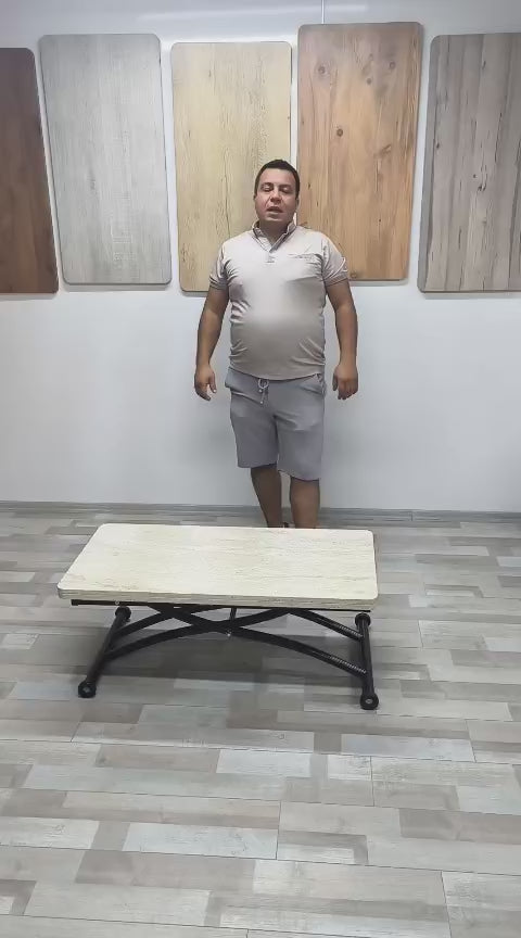 Load video: Mini Juppo Smart Coffee Table – Travertine MDF Top &amp; Black Outward Curved Metal Leg