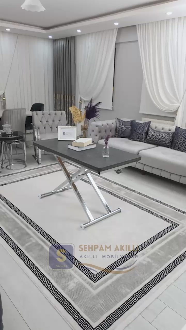 Load video: Home Smart Coffee Table – Grooved Anthracite MDF Top &amp; Chrome Plated Metal Legs