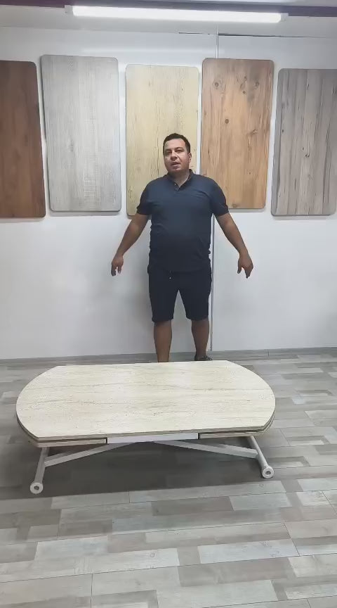 Load video: Oval Side Opening Smart Table | Travertine MDF &amp; White