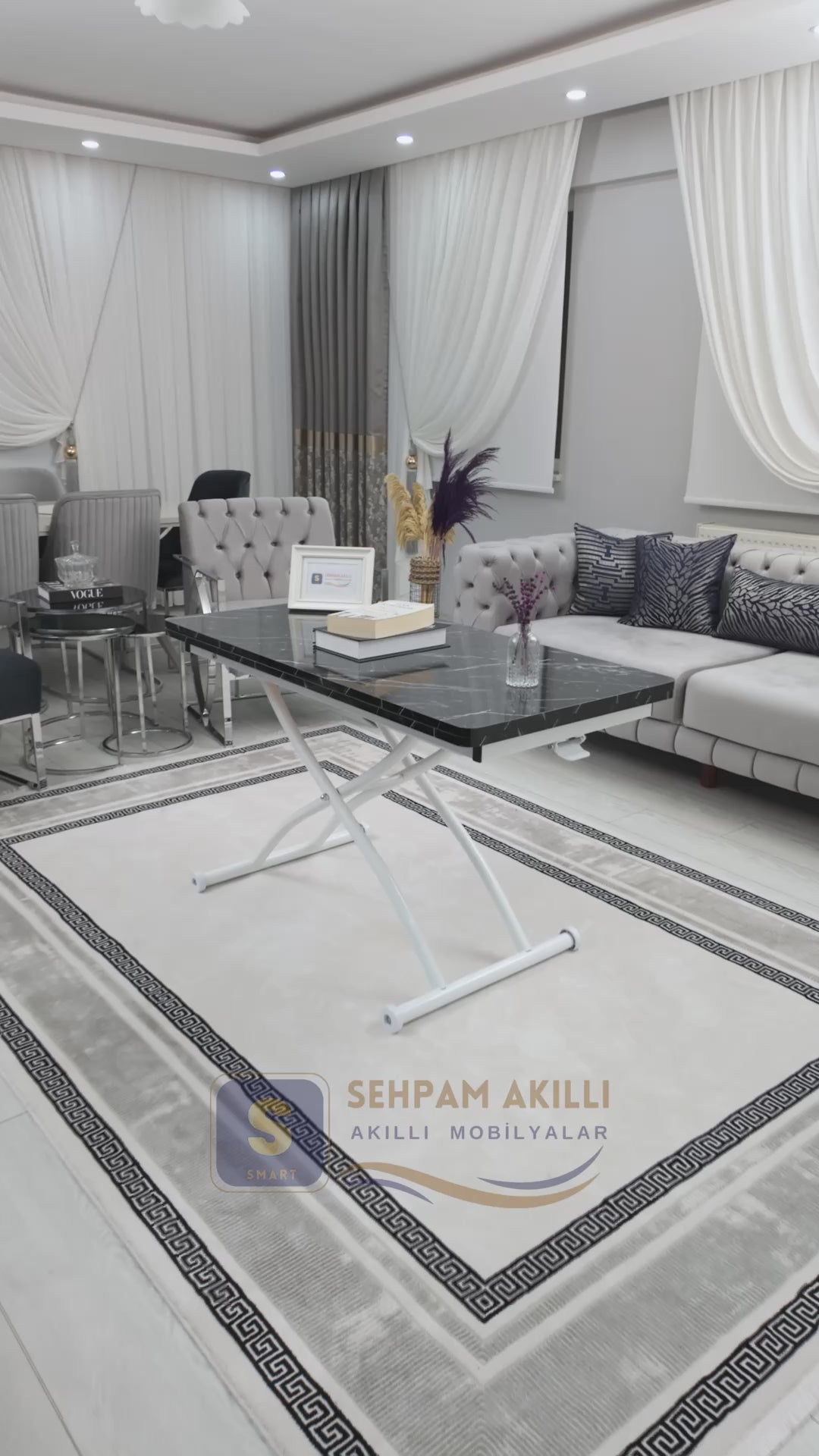 Load video: Juppo Smart Coffee Table - Black Marble MDF Top &amp; White Outward Curved Metal Leg