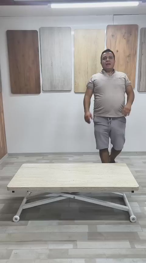 Load video: Home Smart Coffee Table – Travertine MDF Top &amp; White Metal Legs