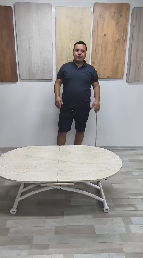 Video yükle: Oval Ortadan Açılır Akıllı Masa | Traverten MDF &amp; Beyaz