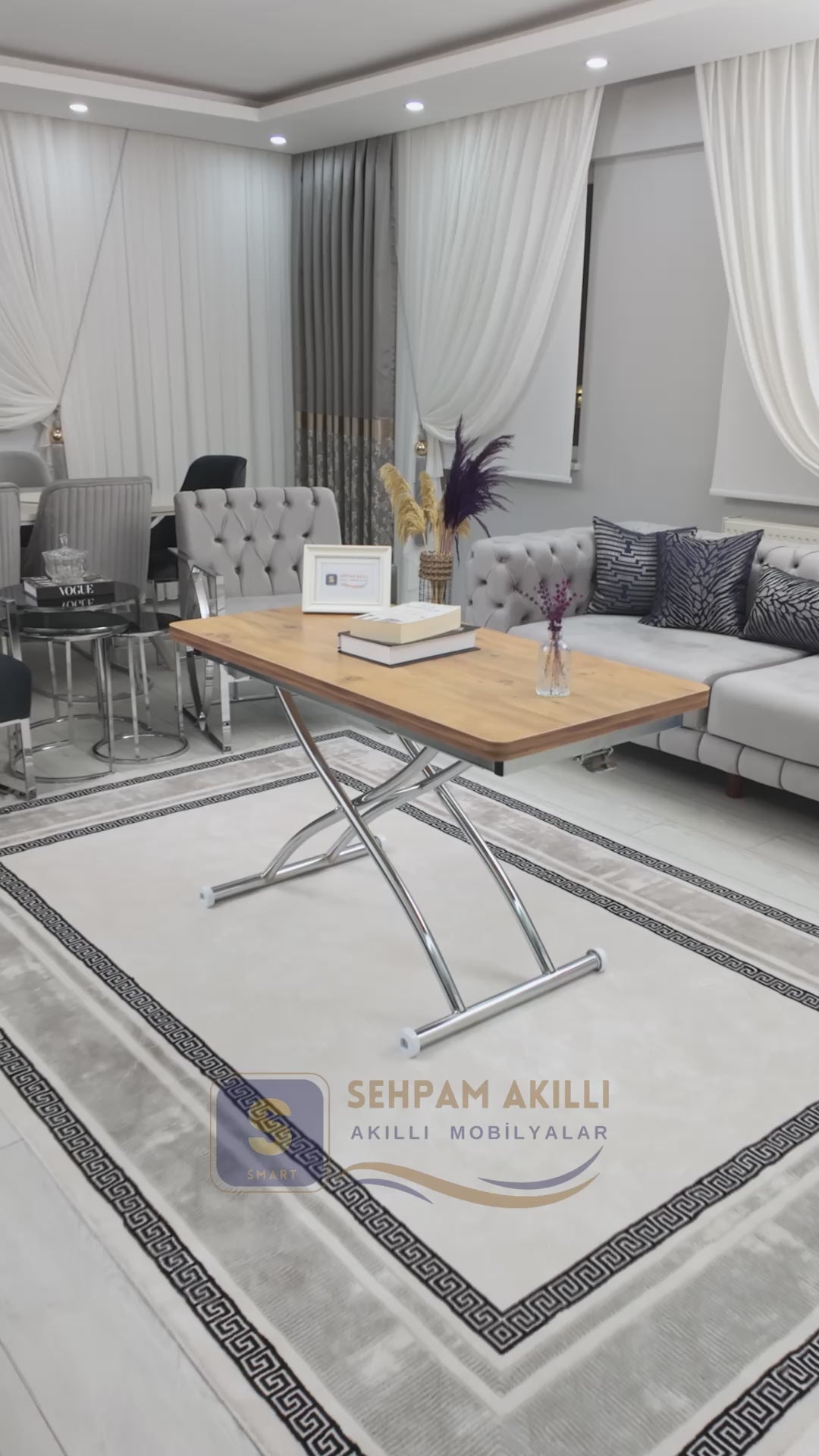 Load video: Juppo Smart Coffee Table – EfesCam MDF Top &amp; Chrome Outwardly Curved Metal Legs