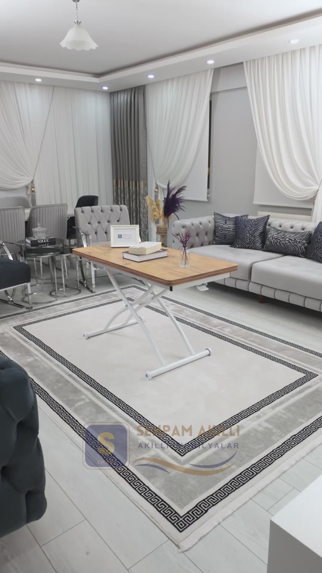 Load video: Juppo Smart Coffee Table – EfesCam MDF Top &amp; White Outward-Curving Metal Legs