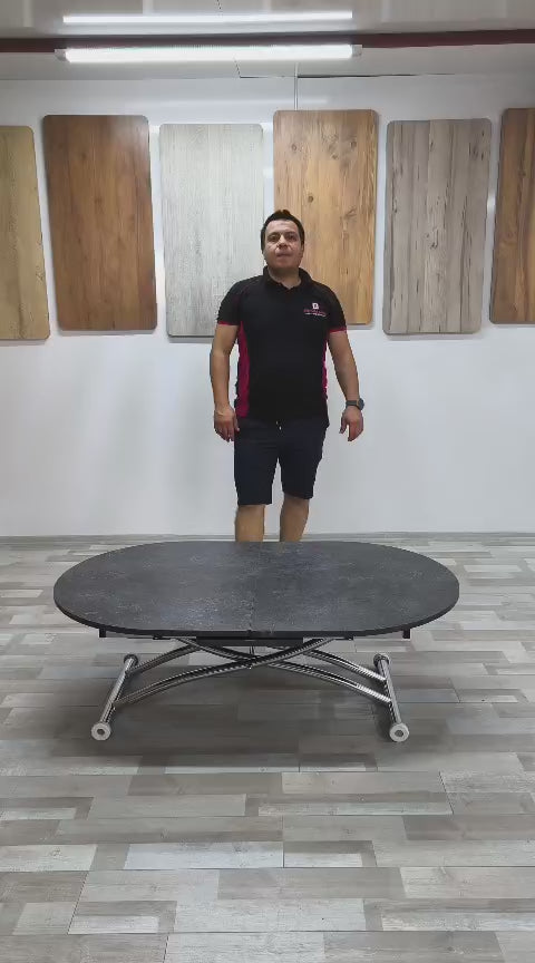 Video yükle: Ortadan Açılır Oval Akıllı Masa | Frezeli Antrasit MDF &amp; Krom