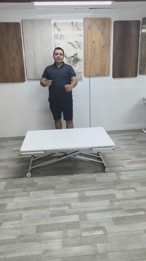 Video yükle: Yan Baştan Açılır Akıllı Masa | Beyaz MDF &amp; Krom Ayak