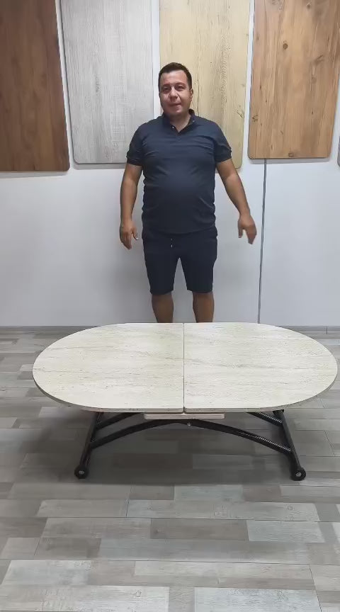 Video yükle: Oval Ortadan Açılır Akıllı Masa | Traverten MDF &amp; Siyah