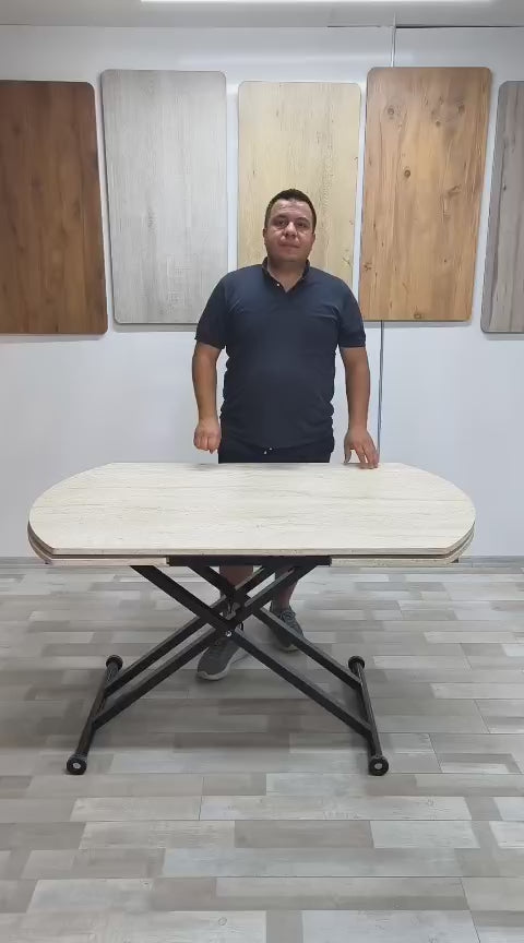 Load video: Oval Side-Opening Smart Table | Travertine MDF &amp; Black