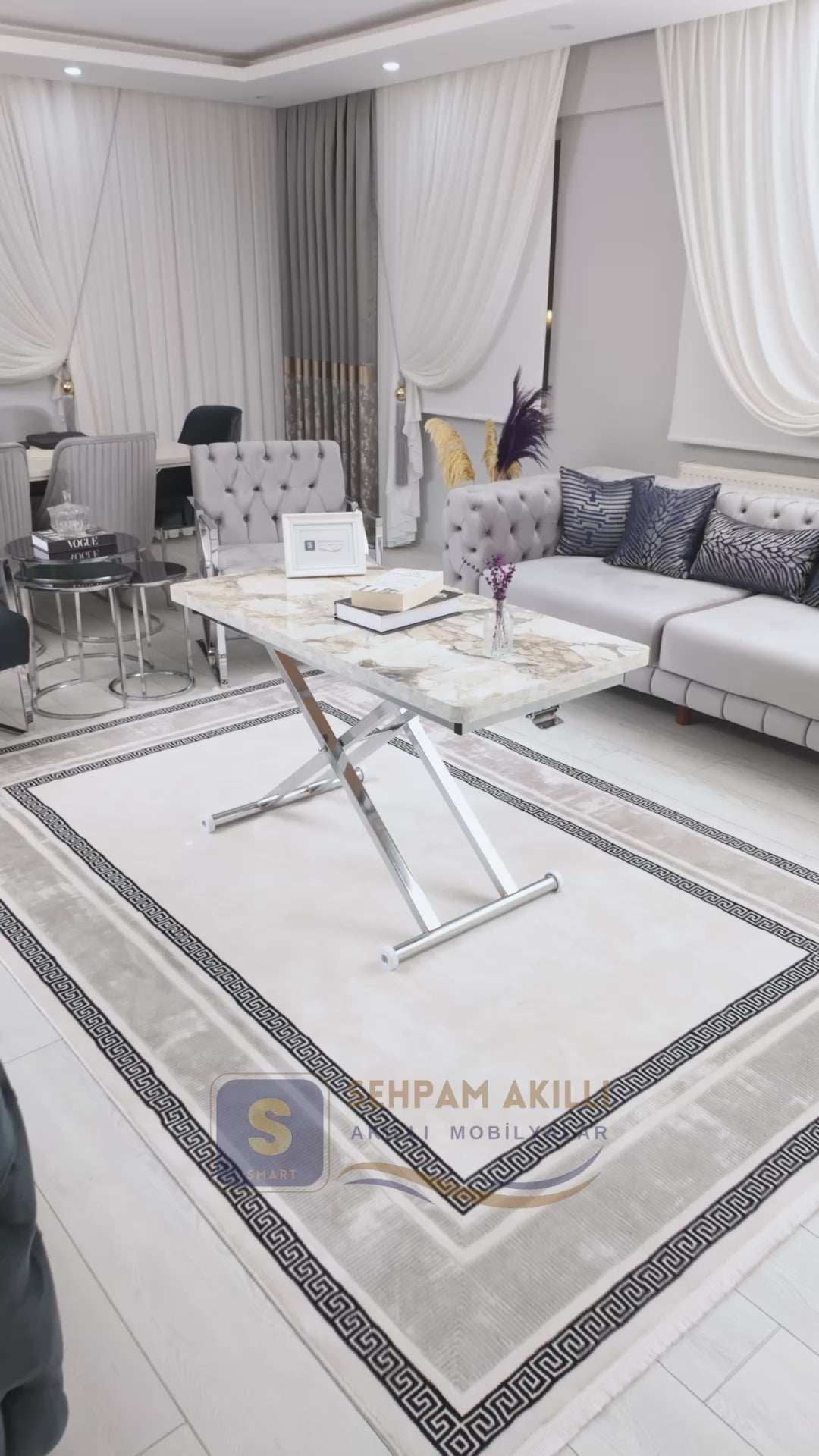 Video yükle: Home Akıllı Sehpa – Beyaz Mermer MDF Üst &amp; Krom Kaplama Metal Ayak