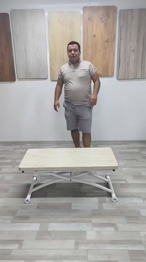 Load video: Mini Juppo Smart Side Table – Travertine MDF Top &amp; White Outward-Curved Metal Leg