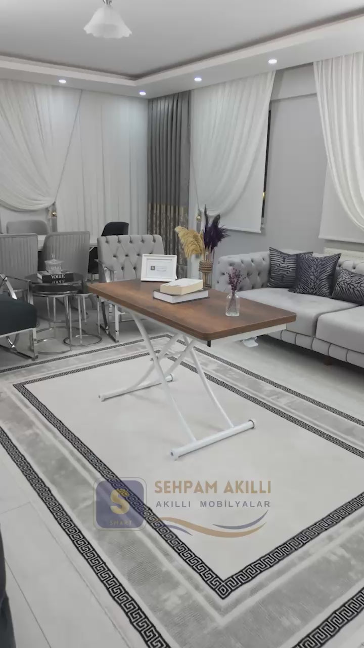 Load video: Juppo Smart Coffee Table – Antique Light MDF Top &amp; White Metal Legs