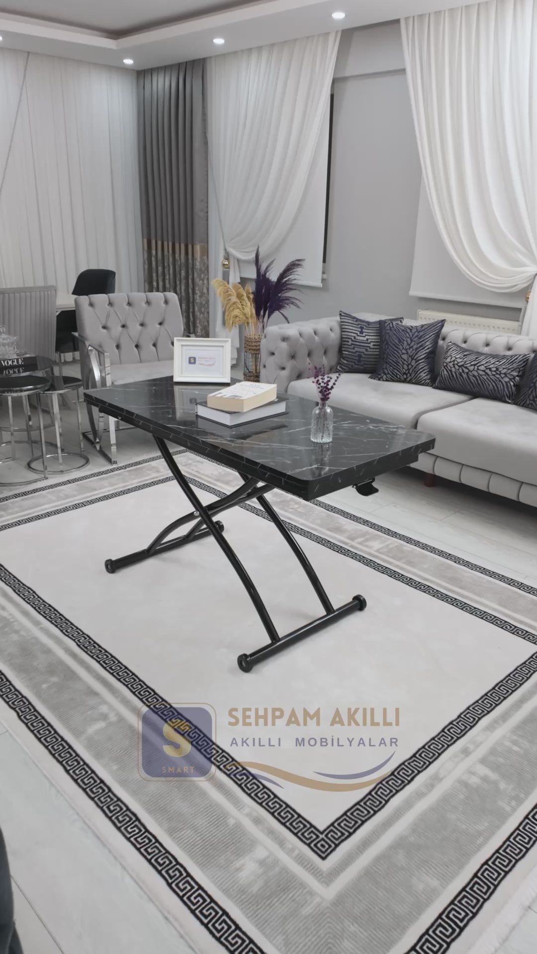 Load video: Juppo Smart Coffee Table – Black Marble MDF Top &amp; Black Outward Curved Metal Leg