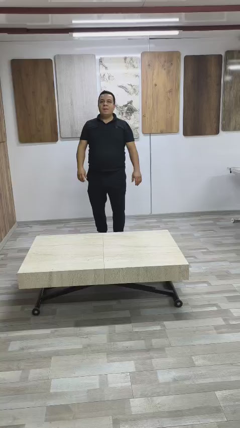 Load video: Oval Side-Opening Smart Table | Travertine MDF &amp; Black