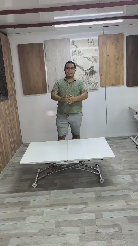 Video yükle: Ortadan Açılır Kare Akıllı Masa | Beyaz MDF &amp; Krom