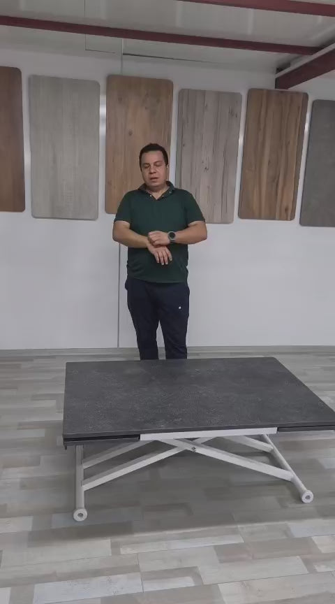Load video: Smart Table with Side Opening | Routed Anthracite MDF &amp; White Legs
