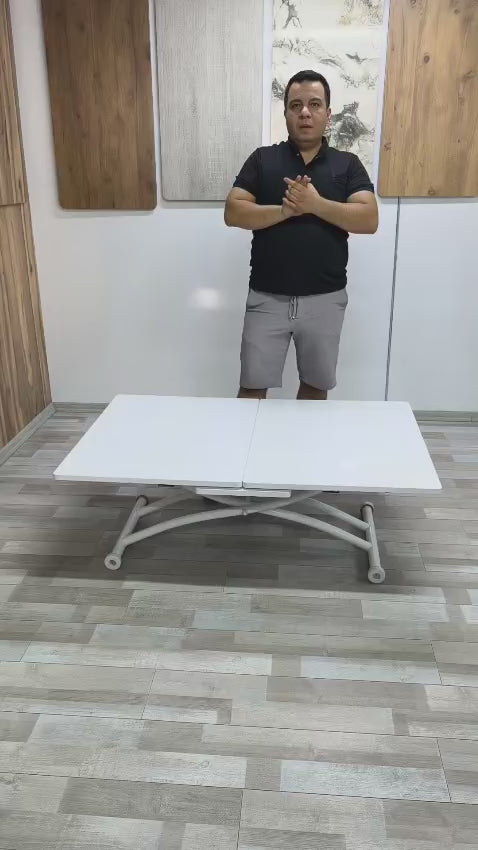 Load video: Square Smart Table with Central Opening | White Marble MDF &amp; White